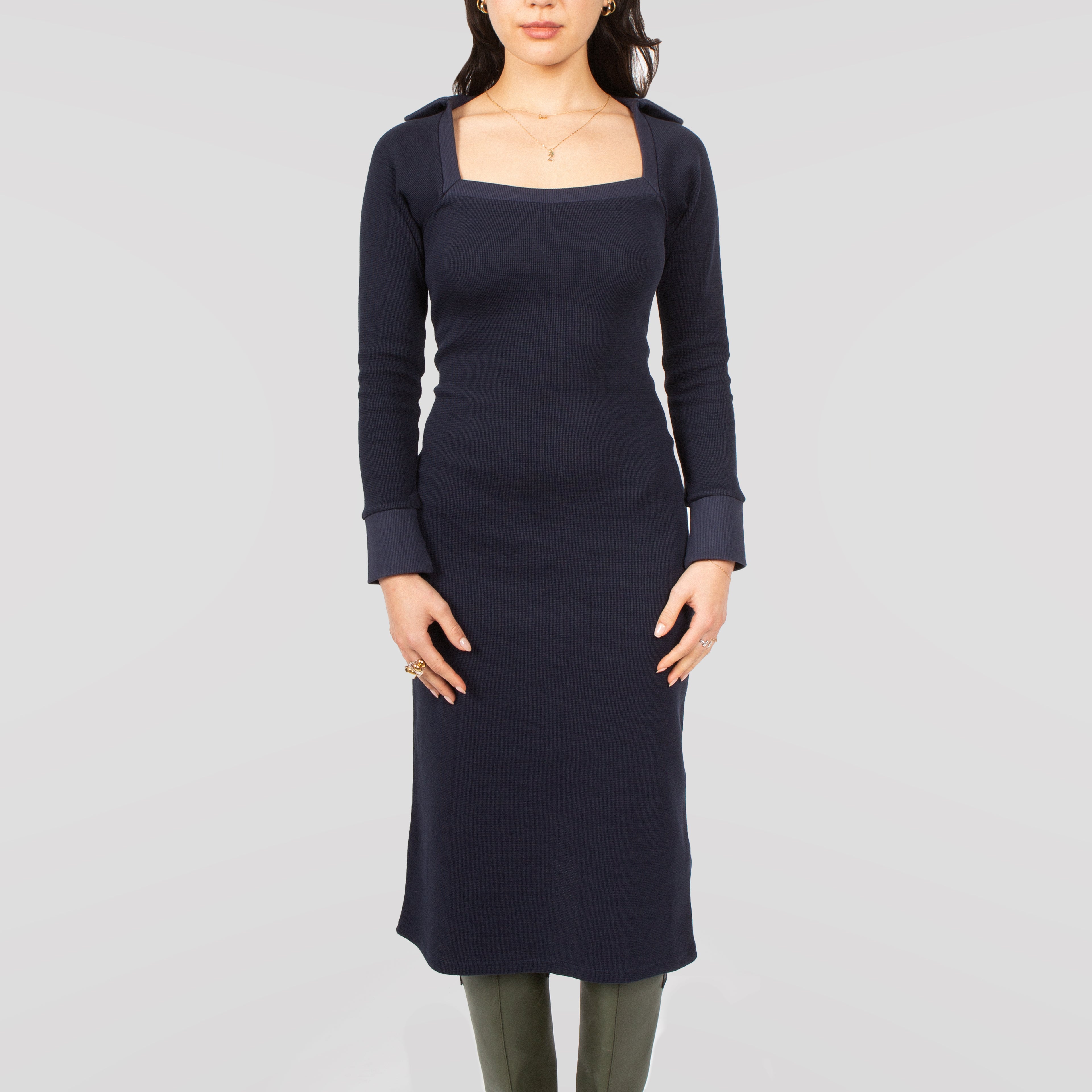 Cotton Knit Midi Dress In Navy