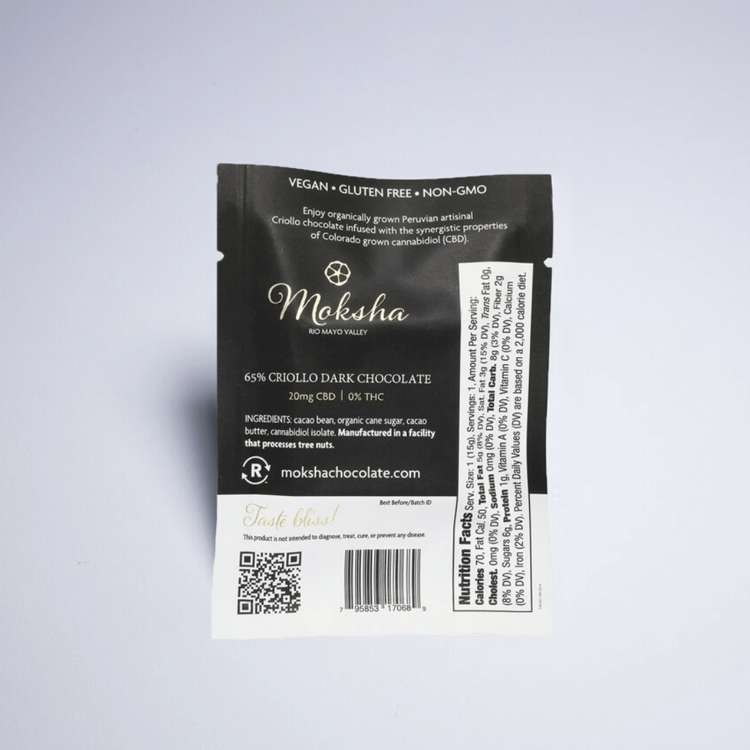 65% Criollo Dark Chocolate CBD Isolate Square (20mg) | Moksha Chocolate