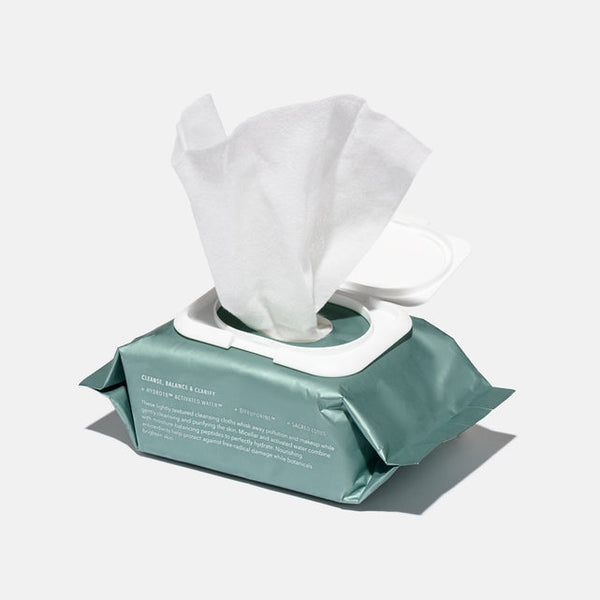 Hydroactive Cleanse Cloths - 30 Pack | HydroPeptide in green resealable packaging with one white cleansing cloth partially pulled out, ideal for skincare and cleansing routines.