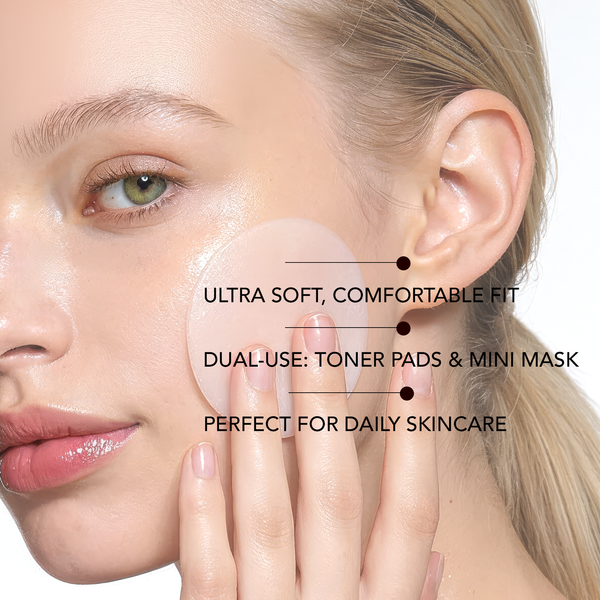 Close-up of a woman applying a translucent skincare pad to her cheek, highlighting the ultra soft, comfortable fit of PDRN 0.5% Essence Pad | Leaders, suitable for daily skincare.