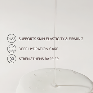 Clear liquid being poured onto a smooth white surface with text highlighting benefits: supports skin elasticity and firming, deep hydration care, strengthens barrier, representing PDRN 0.5% Essence Pad | Leaders skincare product.