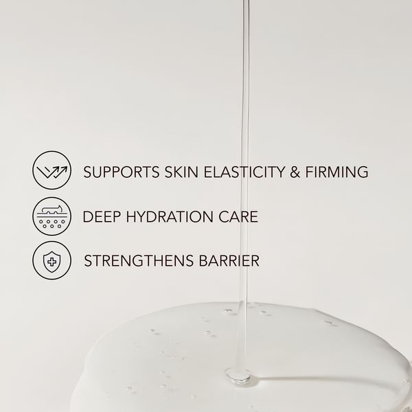 Clear liquid being poured onto a smooth white surface with text highlighting benefits: supports skin elasticity and firming, deep hydration care, strengthens barrier, representing PDRN 0.5% Essence Pad | Leaders skincare product.