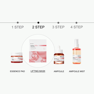 PDRN 0.5% Lifting Mask | Leaders displayed as the second step in a skincare routine, shown alongside essence pad, ampoule, and ampoule mist products for comprehensive skin care.