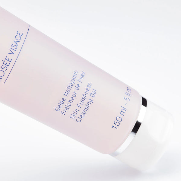Close-up of a tube of Rosée Visage Skin Freshness Cleansing Gel | Phytomer in soft pink packaging, designed for gentle skincare and facial cleansing.