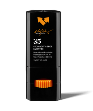 Coolangatta Beige Sunscreen Face Stick SPF 35 x Mick Fanning | Vertra in black packaging with orange accents, mineral-based foundation providing broad spectrum SPF 35 protection.