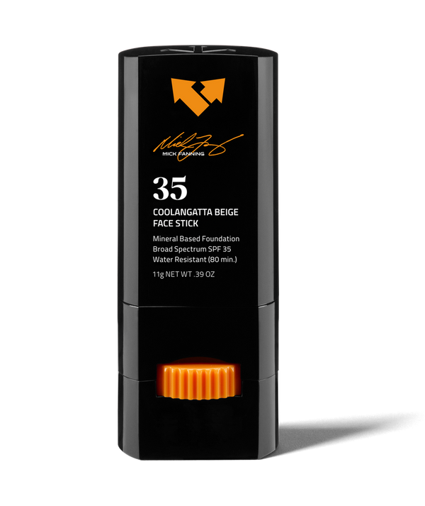 Coolangatta Beige Sunscreen Face Stick SPF 35 x Mick Fanning | Vertra in black packaging with orange accents, mineral-based foundation providing broad spectrum SPF 35 protection.