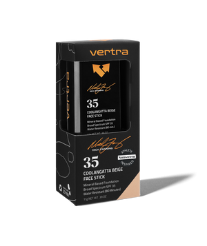 Coolangatta Beige Sunscreen Face Stick SPF 35 x Mick Fanning | Vertra in black and beige packaging, mineral-based foundation with broad spectrum SPF 35, water-resistant for 80 minutes skincare product.