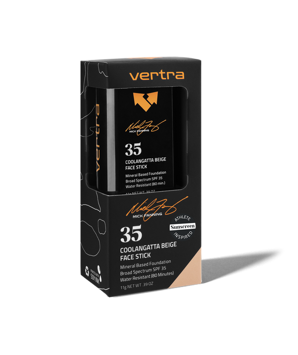 Coolangatta Beige Sunscreen Face Stick SPF 35 x Mick Fanning | Vertra in black and beige packaging, mineral-based foundation with broad spectrum SPF 35, water-resistant for 80 minutes skincare product.