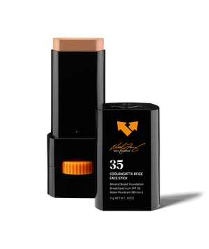 Coolangatta Beige Sunscreen Face Stick SPF 35 x Mick Fanning | Vertra in black sleek packaging with orange accents, designed for skincare and sun protection on the go.