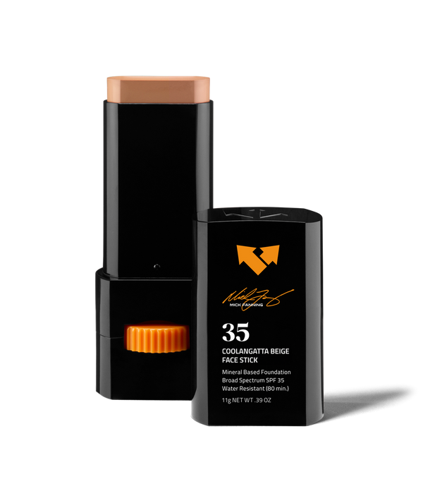Coolangatta Beige Sunscreen Face Stick SPF 35 x Mick Fanning | Vertra in black sleek packaging with orange accents, designed for skincare and sun protection on the go.