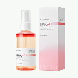 PDRN 0.5% Ampoule Mist | Leaders skincare product in a transparent spray bottle with pink gradient liquid, next to its matching white and pink box packaging.