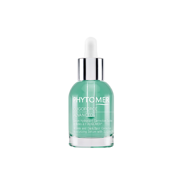 Clear glass dropper bottle containing green moisturizing serum labeled Oligoforce Advanced Wrinkle & Dark Spot Correction Moisturizing Serum with Oligomer | Phytomer for skincare and anti-aging benefits.