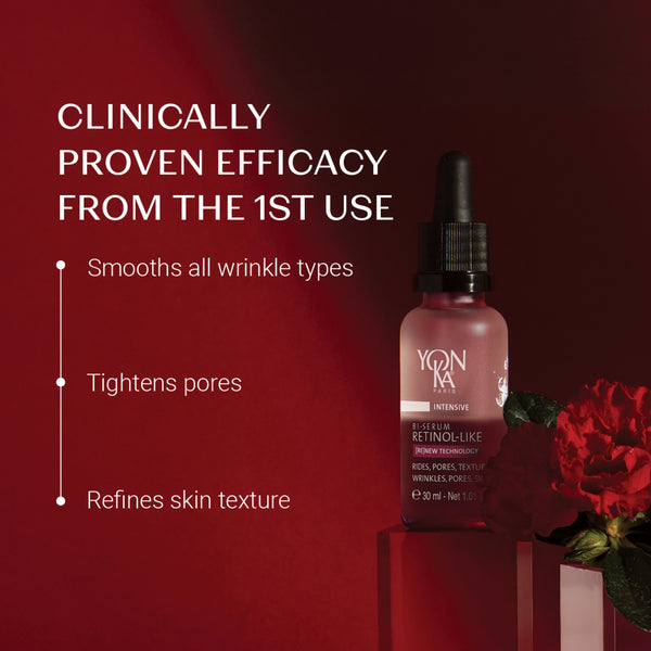 Retinol-Like Bi-Serum | Yon-Ka Paris bottle displayed with text highlighting clinically proven skincare benefits including smoothing wrinkles, tightening pores, and refining skin texture.