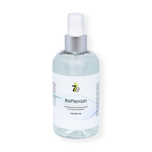 Clear spray bottle of Replenish Hydrating Conducting Spritzer Spray Gel - 8 oz | 7e Wellness with white label and silver spray cap, designed for skincare and wellness use.
