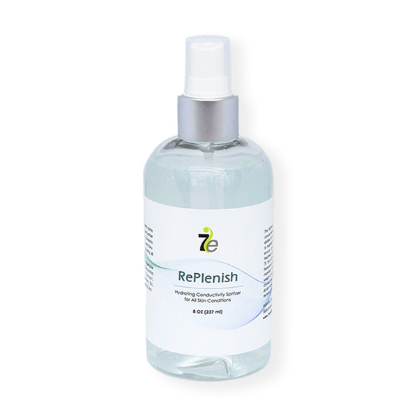 Clear spray bottle of Replenish Hydrating Conducting Spritzer Spray Gel - 8 oz | 7e Wellness with white label and silver spray cap, designed for skincare and wellness use.