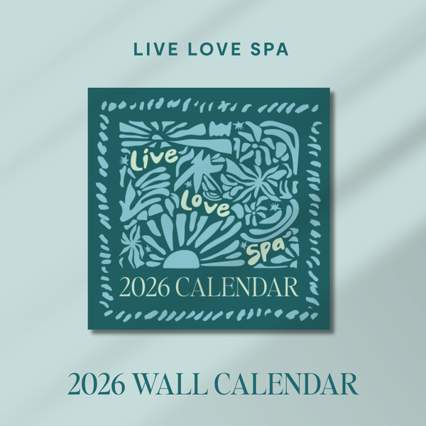 2026 Wellness Wall Calendar | Live Love Spa featuring a calming teal design with floral and leaf patterns, promoting wellness and relaxation for the year ahead.