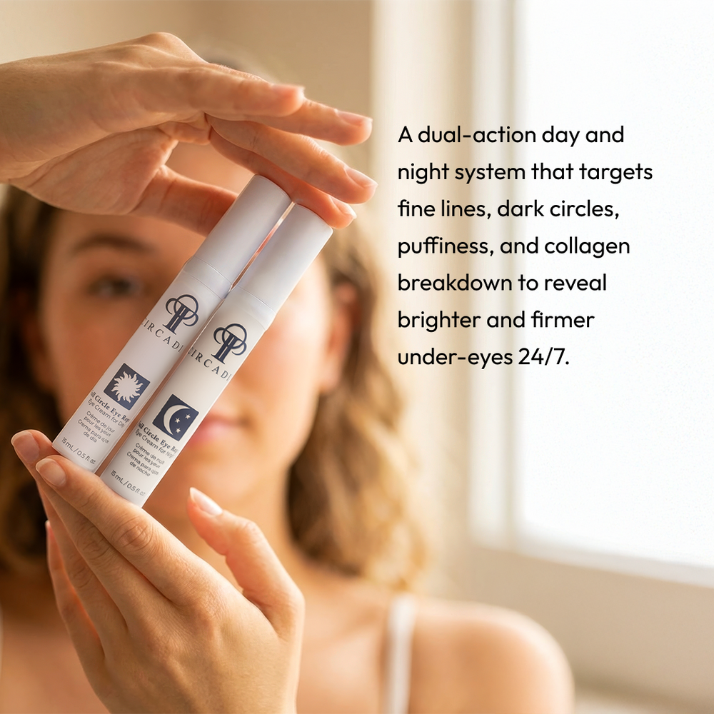Two white cylindrical pump bottles of Full Circle Eye Repair - Eye Cream Duo | Circadia with blue branding, one for day use featuring a sun icon and one for night use featuring a moon icon, displayed on a white background.