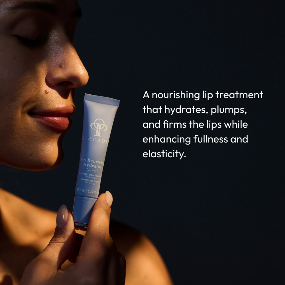 Blue tube of Lip Renewing Hydrator - Naked | Circadia, a skincare product designed to provide hydration and renewal for lips in a scent-free formula.