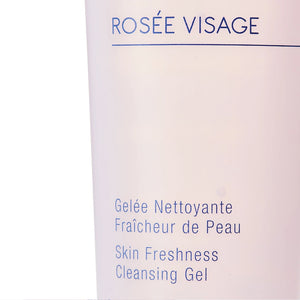 Close-up of Rosée Visage Skin Freshness Cleansing Gel | Phytomer packaging showing product name and description in soft pastel colors, emphasizing skincare and freshness.