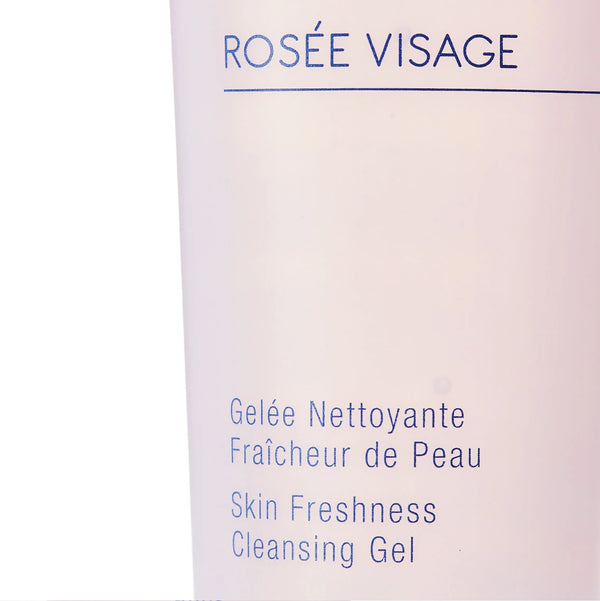 Close-up of Rosée Visage Skin Freshness Cleansing Gel | Phytomer packaging showing product name and description in soft pastel colors, emphasizing skincare and freshness.