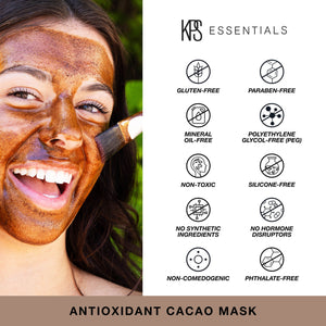 Smiling woman with a rich chocolate facial mask being applied, showcasing the Antioxidant Cacao Mask | Kindness Powered Skincare with icons highlighting its clean, non-toxic, and free-from features for natural skincare.