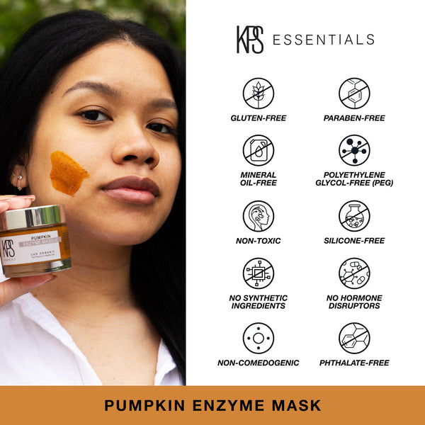 Woman applying Pumpkin Enzyme Mask | Kindness Powered Skincare on her cheek next to a list of icons highlighting the product’s gluten-free, paraben-free, mineral oil-free, PEG-free, non-toxic, silicone-free, no synthetic ingredients, no hormone disruptors, non-comedogenic, and phthalate-free qualities.