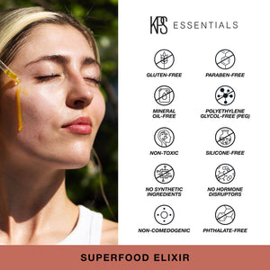 A woman with clear skin and closed eyes applies a drop of Superfood Elixir | Kindness Powered Skincare to her face, alongside icons highlighting the product as gluten-free, paraben-free, mineral oil-free, polyethylene glycol-free, non-toxic, silicone-free, with no synthetic ingredients, no hormone disruptors, non-comedogenic, and phthalate-free.