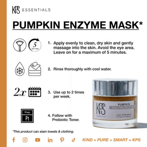Instructions on how to use Pumpkin Enzyme Mask | Kindness Powered Skincare with application, timing, rinsing, frequency, and follow-up tips, alongside a product jar image.