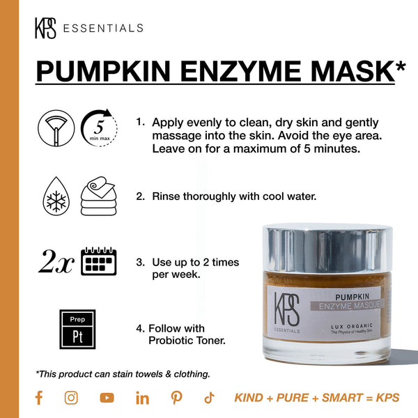 Instructions on how to use Pumpkin Enzyme Mask | Kindness Powered Skincare with application, timing, rinsing, frequency, and follow-up tips, alongside a product jar image.