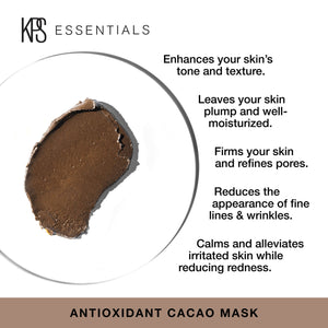 Close-up of a rich cacao-colored skincare mask texture surrounded by text highlighting benefits such as enhancing skin tone and texture, moisturizing, firming, reducing fine lines, and calming redness for the Antioxidant Cacao Mask | Kindness Powered Skincare.