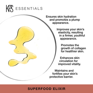 Close-up of a golden liquid droplet with text highlighting benefits such as hydration, improved elasticity, collagen growth, enhanced circulation, and skin barrier fortification for Superfood Elixir | Kindness Powered Skincare.