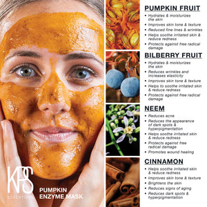 Close-up of a woman applying Pumpkin Enzyme Mask | Kindness Powered Skincare with detailed graphics on key natural ingredients like pumpkin fruit, bilberry fruit, neem, and cinnamon highlighting their skincare benefits.