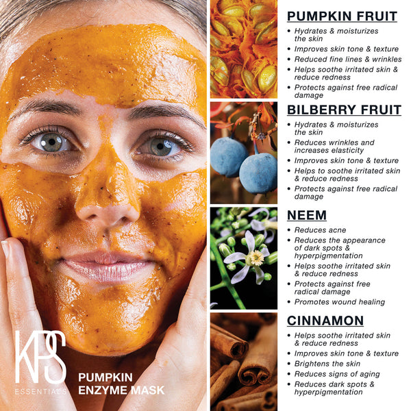 Close-up of a woman applying Pumpkin Enzyme Mask | Kindness Powered Skincare with detailed graphics on key natural ingredients like pumpkin fruit, bilberry fruit, neem, and cinnamon highlighting their skincare benefits.