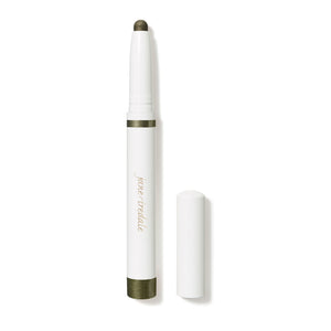 ColorLuxe Eye Shadow Stick | Jane Iredale in a sleek white tube with a dark olive green shade, shown with the cap removed to reveal the product tip.