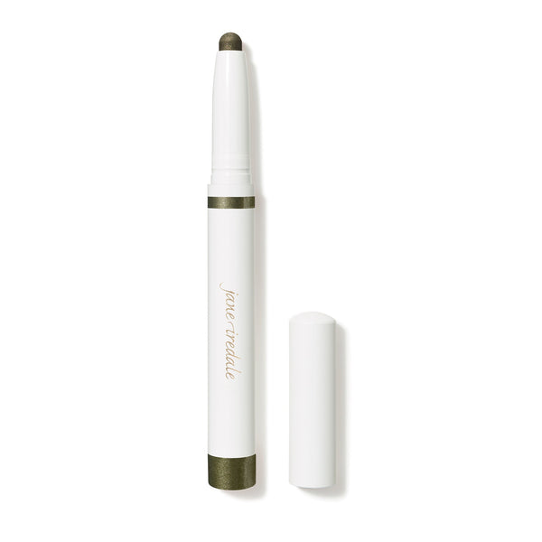 ColorLuxe Eye Shadow Stick | Jane Iredale in a sleek white tube with a dark olive green shade, shown with the cap removed to reveal the product tip.