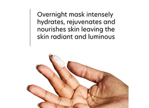 Close-up of a hand holding a small amount of creamy skincare product with description highlighting how the Hyaluronic Acid Overnight Mask | PCA Skin intensely hydrates, rejuvenates, and nourishes skin for a radiant, luminous appearance.