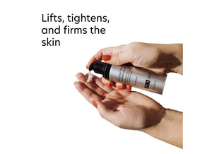 Hands dispensing a small amount of ExLinea Pro | PCA Skin serum, demonstrating its use for lifting, tightening, and firming the skin as part of a skincare routine.