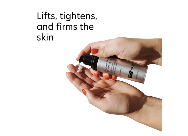 Hands dispensing a small amount of ExLinea Pro | PCA Skin serum, demonstrating its use for lifting, tightening, and firming the skin as part of a skincare routine.