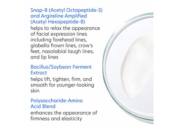 Close-up of a white cream in a glass container alongside text describing key ingredients and benefits of ExLinea Pro | PCA Skin for relaxing expression lines, lifting, and firming skin.