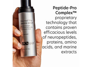 Hand holding a silver bottle of ExLinea Pro | PCA Skin peptide serum with text describing Peptide-Pro Complex proprietary technology containing neuropeptides, proteins, amino acids, and marine extracts for skincare.