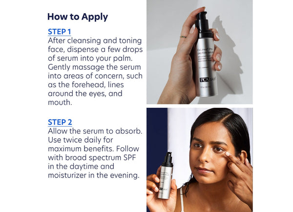 Hand holding a silver pump bottle of ExLinea Pro | PCA Skin serum with steps for application text and a woman applying the serum to her face, demonstrating skincare use.