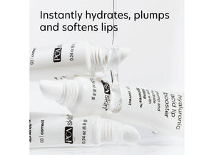 Three tubes of Hyaluronic Acid Lip Booster | PCA Skin with clear serum droplets highlighting hydration benefits for plump, softened lips in skincare wellness.