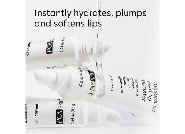 Three tubes of Hyaluronic Acid Lip Booster | PCA Skin with clear serum droplets highlighting hydration benefits for plump, softened lips in skincare wellness.