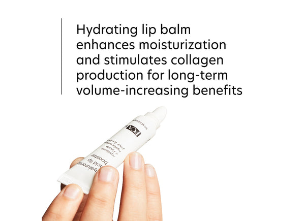 Hand holding a white tube of Hyaluronic Acid Lip Booster | PCA Skin with text describing it as a hydrating lip balm that enhances moisturization and stimulates collagen for long-term volume benefits.
