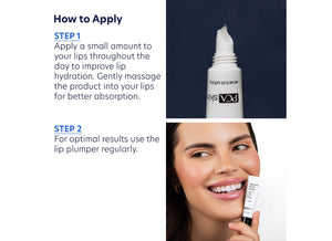 Instructional image showing application steps for Hyaluronic Acid Lip Booster | PCA Skin with close-up of product tip and smiling woman holding the lip booster tube for skincare wellness.