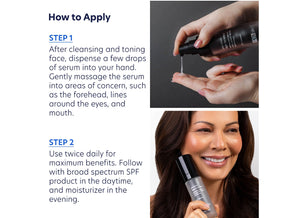 A person dispensing ProMax Age Renewal | PCA Skin serum into their hand and a smiling woman holding the product, demonstrating skincare application steps.