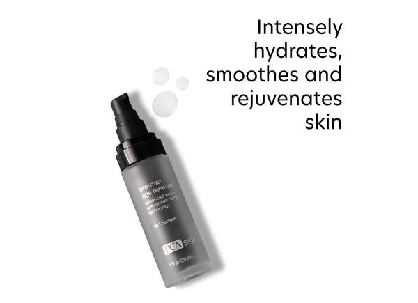 ProMax Age Renewal | PCA Skin serum bottle with clear gel droplets highlighting hydration, smoothing, and skin rejuvenation benefits for skincare enthusiasts.