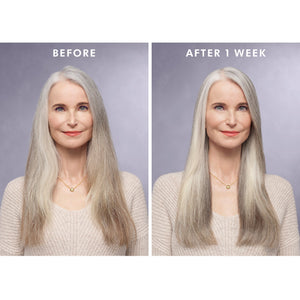 Before and after comparison of a woman’s silver hair showing smoother, shinier, and more vibrant results after one week of using Moroccanoil Treatment Purple | Moroccanoil.