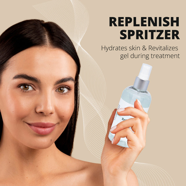Woman with clear skin holding a bottle of Replenish Hydrating Conducting Spritzer Spray Gel - 8 oz | 7e Wellness, promoting hydration and skin revitalization during treatment.
