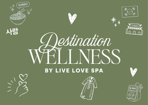 2026 Destination Wellness Box branding image with stylized icons of Korean culture and wellness by Live Love Spa on an olive green background.